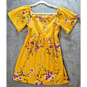 Xhilaration Yellow Floral Smocked Mini Dress Off Shoulder Short Sleeve Size M